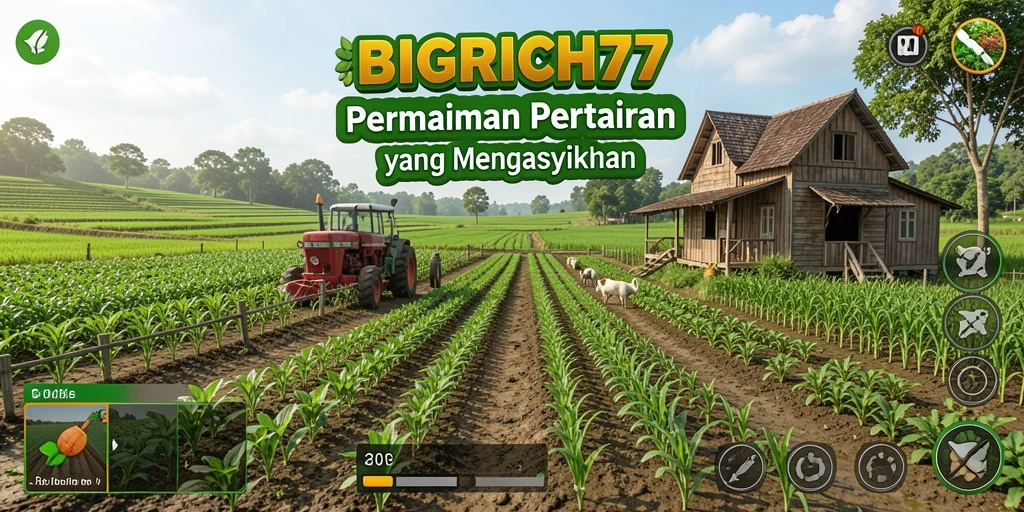 Tampilan gameplay BIGRICH77 menunjukkan suasana berkebun yang asri dan interaktif.