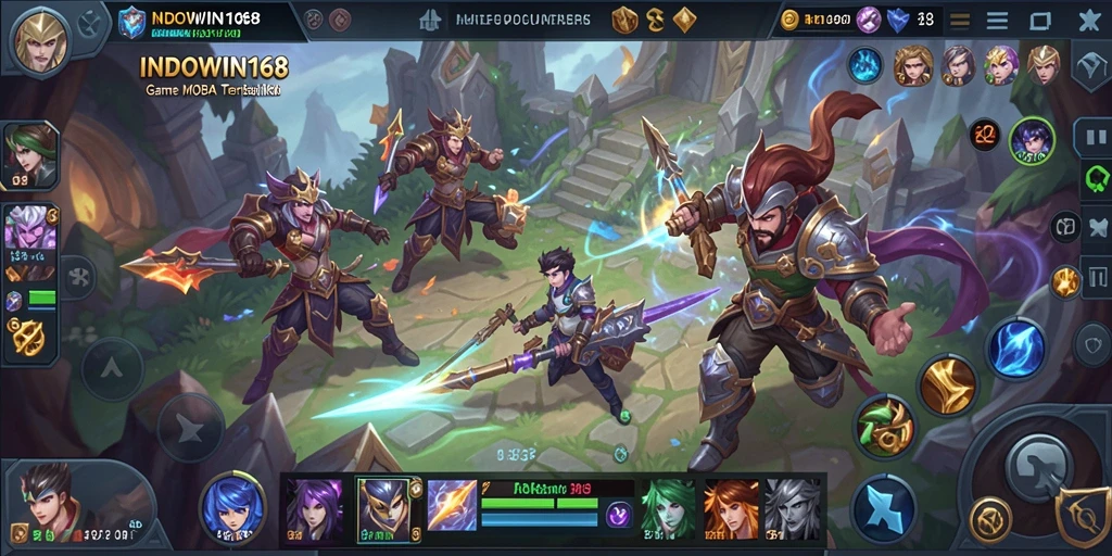 Screenshot gameplay INDOWIN168 yang menampilkan aksi seru dalam pertempuran MOBA.