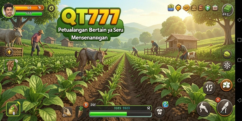 Screenshot QT777 menampilkan aktivitas seru di ladang pertanian.